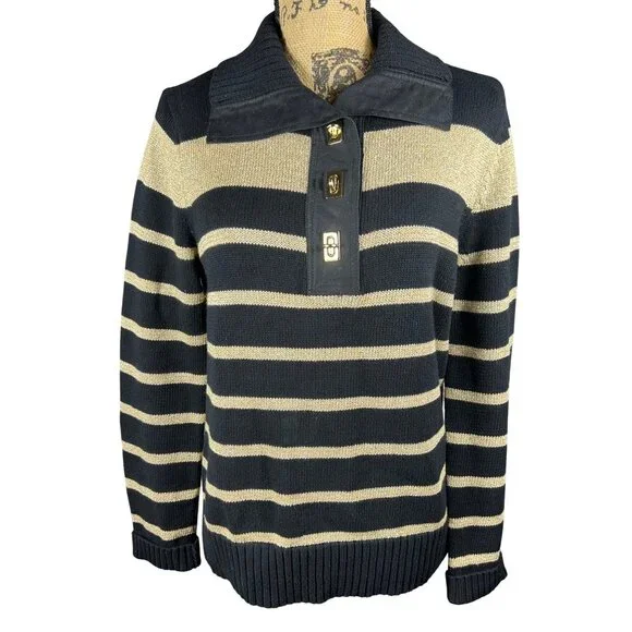 Lauren Ralph Lauren Sz M Black & Gold Stripe Pullover Sweater Nautical Old Money - Picture 1 of 7